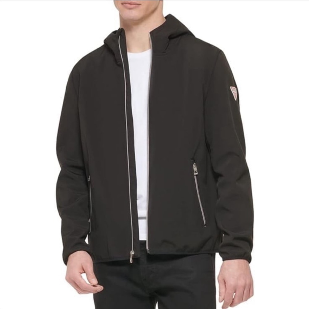 Guess Men’s Softshell Solid Hooded Zip Up Jacket - image 1